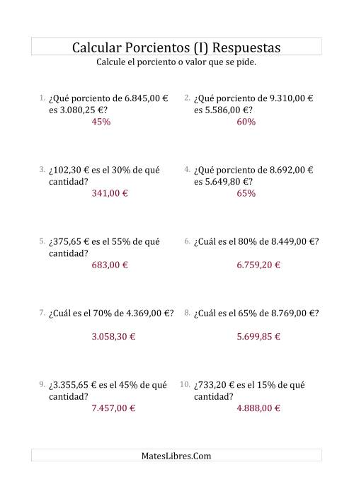 La hoja de ejercicios de Cálculos Mixtos de Porcientos con Dinero (Decimales, Incrementos de 5%) (I) Página 2