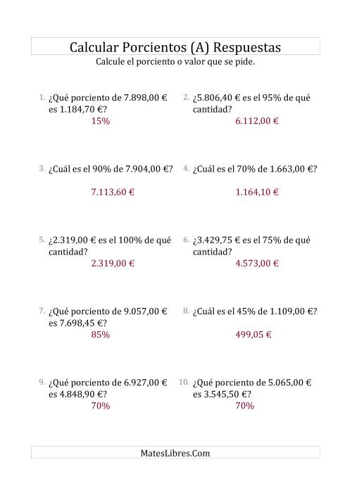 La hoja de ejercicios de Cálculos Mixtos de Porcientos con Dinero (Decimales, Incrementos de 5%) (Todas) Página 2