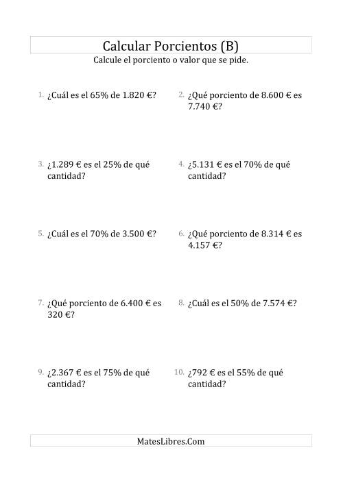 La hoja de ejercicios de Cálculos Mixtos de Porcientos con Dinero (Enteros, Incrementos de 5%) (B)