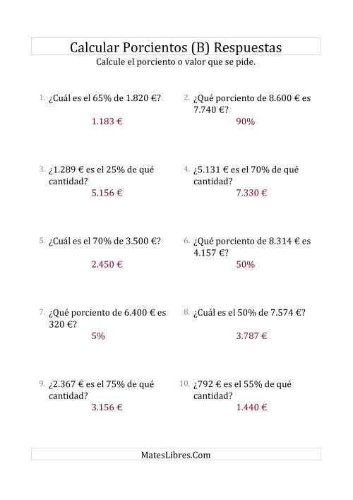 La hoja de ejercicios de Cálculos Mixtos de Porcientos con Dinero (Enteros, Incrementos de 5%) (B) Página 2