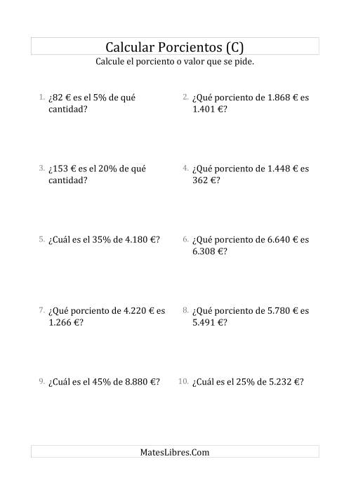 La hoja de ejercicios de Cálculos Mixtos de Porcientos con Dinero (Enteros, Incrementos de 5%) (C)
