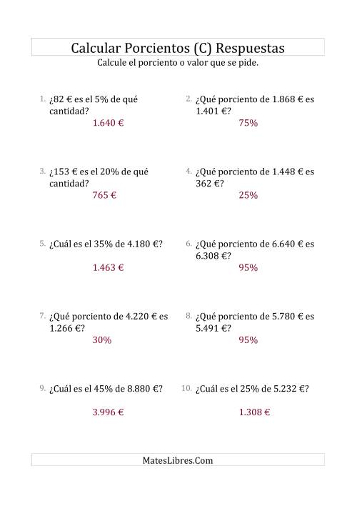La hoja de ejercicios de Cálculos Mixtos de Porcientos con Dinero (Enteros, Incrementos de 5%) (C) Página 2