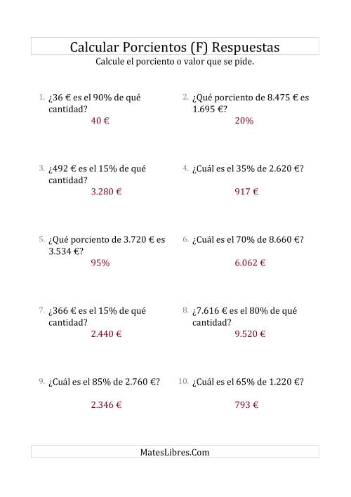 La hoja de ejercicios de Cálculos Mixtos de Porcientos con Dinero (Enteros, Incrementos de 5%) (F) Página 2