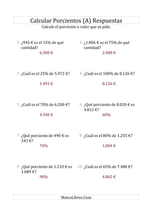 La hoja de ejercicios de Cálculos Mixtos de Porcientos con Dinero (Enteros, Incrementos de 5%) (Todas) Página 2