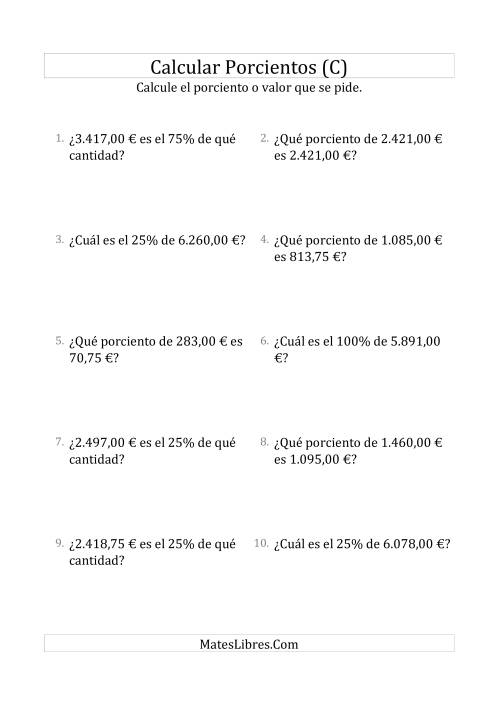 La hoja de ejercicios de Cálculos Mixtos de Porcientos con Dinero (Decimales, Incrementos de 25%) (C)