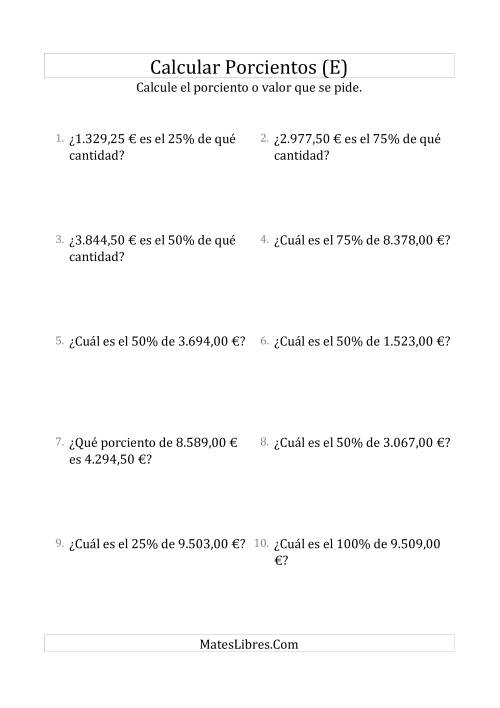 La hoja de ejercicios de Cálculos Mixtos de Porcientos con Dinero (Decimales, Incrementos de 25%) (E)
