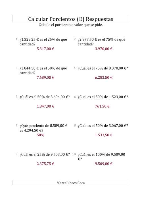 La hoja de ejercicios de Cálculos Mixtos de Porcientos con Dinero (Decimales, Incrementos de 25%) (E) Página 2