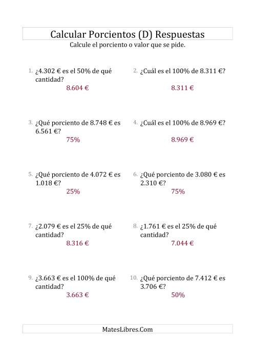 La hoja de ejercicios de Cálculos Mixtos de Porcientos con Dinero (Enteros, Incrementos de 25%) (D) Página 2