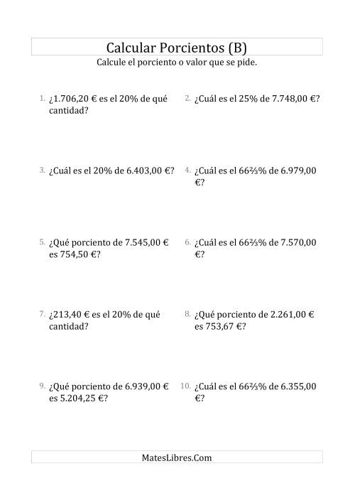 La hoja de ejercicios de Cálculos Mixtos de Porcientos con Dinero (Decimales, Incrementos de Porcientos Selectos) (B)