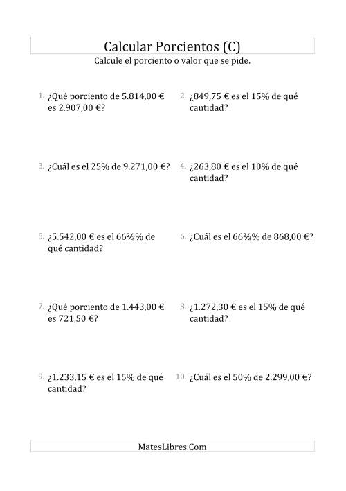 La hoja de ejercicios de Cálculos Mixtos de Porcientos con Dinero (Decimales, Incrementos de Porcientos Selectos) (C)