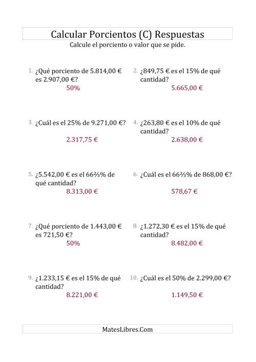 La hoja de ejercicios de Cálculos Mixtos de Porcientos con Dinero (Decimales, Incrementos de Porcientos Selectos) (C) Página 2
