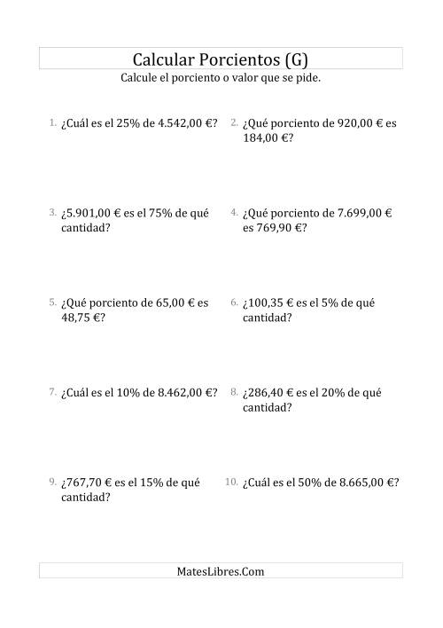 La hoja de ejercicios de Cálculos Mixtos de Porcientos con Dinero (Decimales, Incrementos de Porcientos Selectos) (G)
