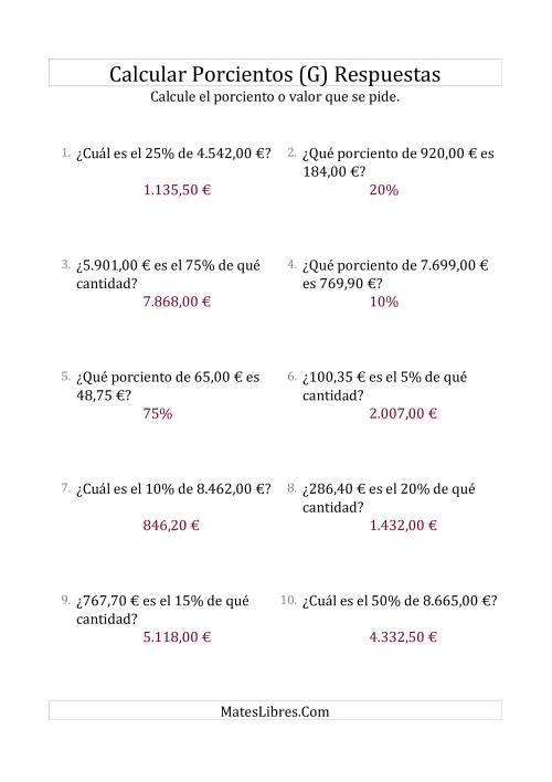 La hoja de ejercicios de Cálculos Mixtos de Porcientos con Dinero (Decimales, Incrementos de Porcientos Selectos) (G) Página 2