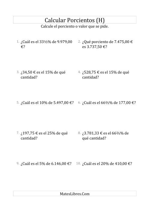 La hoja de ejercicios de Cálculos Mixtos de Porcientos con Dinero (Decimales, Incrementos de Porcientos Selectos) (H)