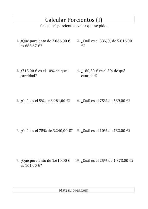 La hoja de ejercicios de Cálculos Mixtos de Porcientos con Dinero (Decimales, Incrementos de Porcientos Selectos) (I)