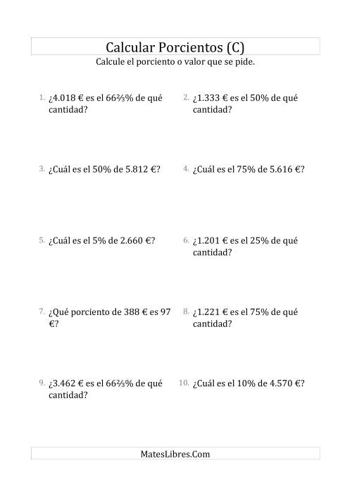 La hoja de ejercicios de Cálculos Mixtos de Porcientos con Dinero (Enteros, Incrementos de Porcientos Selectos) (C)