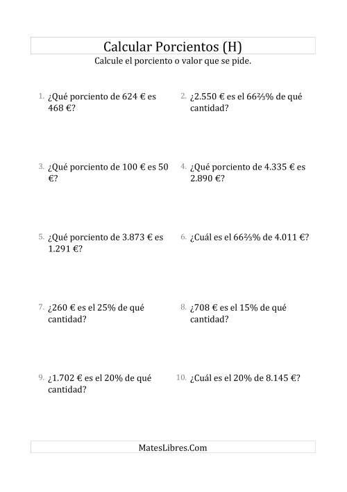 La hoja de ejercicios de Cálculos Mixtos de Porcientos con Dinero (Enteros, Incrementos de Porcientos Selectos) (H)