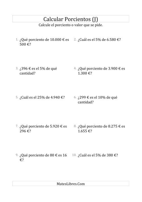 La hoja de ejercicios de Cálculos Mixtos de Porcientos con Dinero (Enteros, Incrementos de Porcientos Selectos) (J)