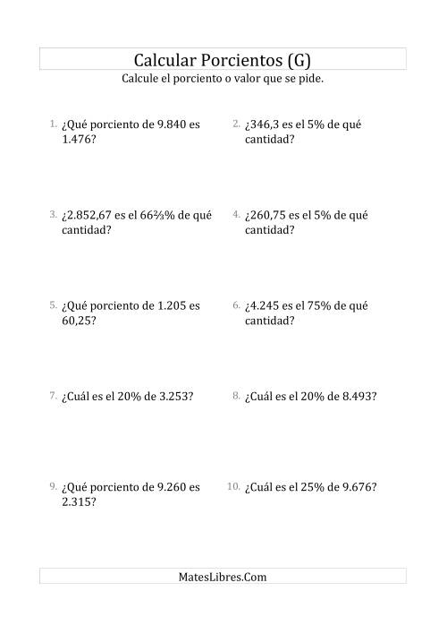 La hoja de ejercicios de Cálculos Mixtos de Porcientos (Decimales, Incrementos de Porcientos Selectos) (G)