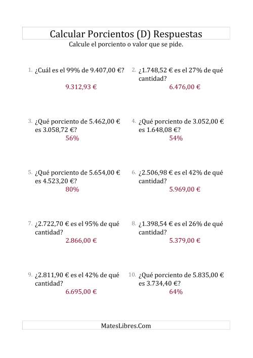 La hoja de ejercicios de Cálculos Mixtos de Porcientos con Dinero (Decimales, Incrementos entre 1% y 99%) (D) Página 2