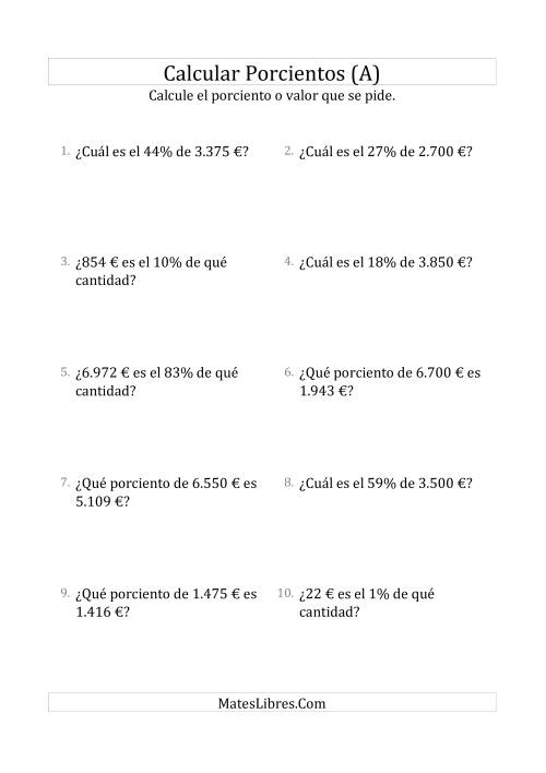 La hoja de ejercicios de Cálculos Mixtos de Porcientos con Dinero (Enteros, Incrementos entre 1% y 99%) (A)