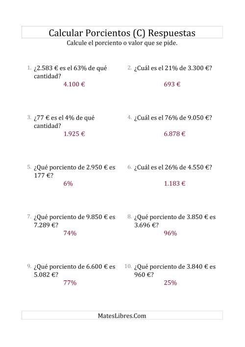 La hoja de ejercicios de Cálculos Mixtos de Porcientos con Dinero (Enteros, Incrementos entre 1% y 99%) (C) Página 2