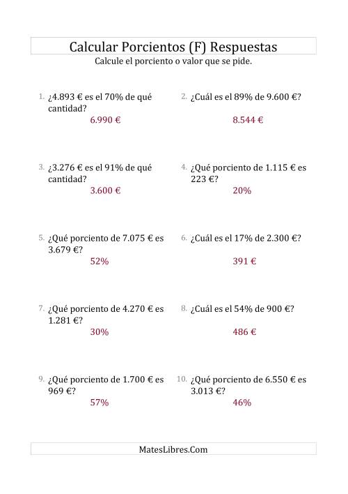 La hoja de ejercicios de Cálculos Mixtos de Porcientos con Dinero (Enteros, Incrementos entre 1% y 99%) (F) Página 2