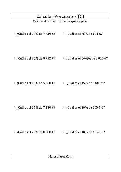 La hoja de ejercicios de Calcular el Porciento de Dinero (Enteros, Incrementos de Porcientos Selectos) (C)