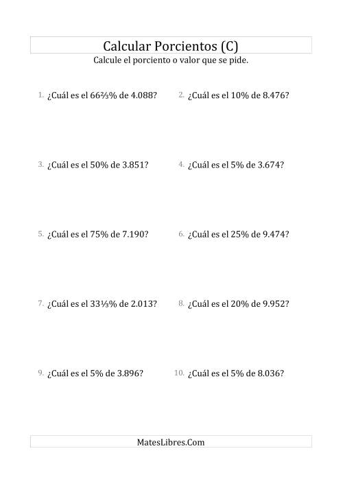 La hoja de ejercicios de Calcular el Porciento (Decimales, Incrementos de Porcientos Selectos) (C)