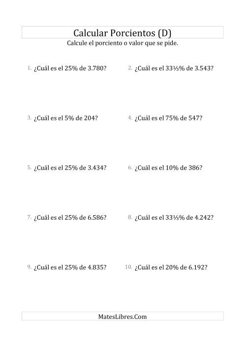 La hoja de ejercicios de Calcular el Porciento (Decimales, Incrementos de Porcientos Selectos) (D)
