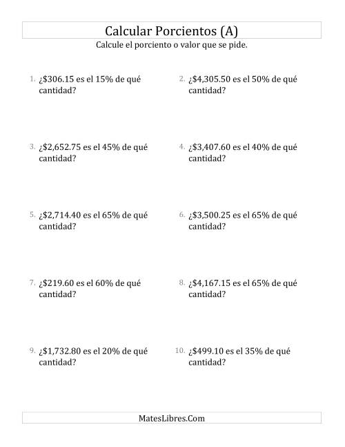 La hoja de ejercicios de Calcular la Cantidad Original de Dinero (Decimales, Incrementos de 5%) (A)