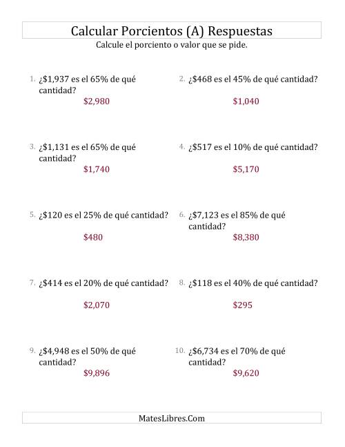 La hoja de ejercicios de Calcular la Cantidad Original de Dinero (Enteros, Incrementos de 5%) (A) Página 2
