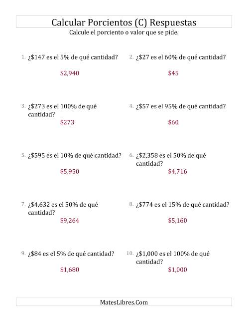 La hoja de ejercicios de Calcular la Cantidad Original de Dinero (Enteros, Incrementos de 5%) (C) Página 2