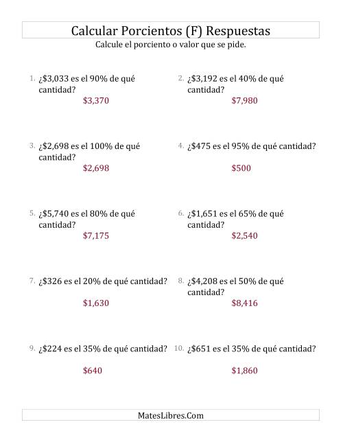 La hoja de ejercicios de Calcular la Cantidad Original de Dinero (Enteros, Incrementos de 5%) (F) Página 2
