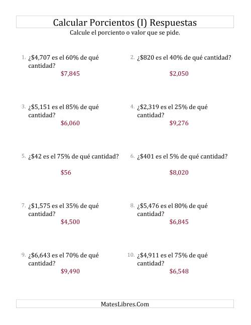 La hoja de ejercicios de Calcular la Cantidad Original de Dinero (Enteros, Incrementos de 5%) (I) Página 2