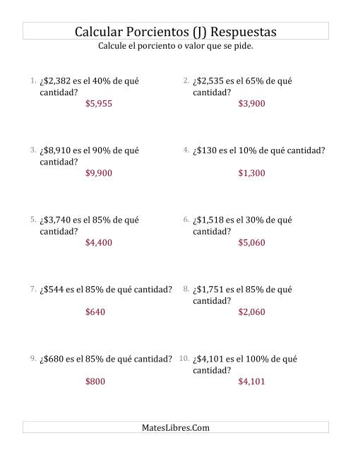 La hoja de ejercicios de Calcular la Cantidad Original de Dinero (Enteros, Incrementos de 5%) (J) Página 2