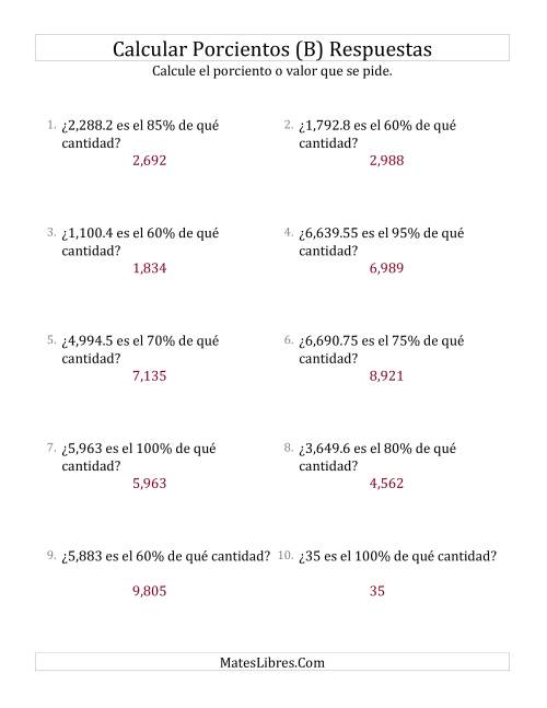 La hoja de ejercicios de Calcular la Cantidad Original (Decimales, Incrementos de 5%) (B) Página 2