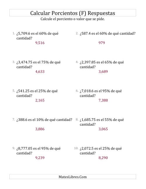 La hoja de ejercicios de Calcular la Cantidad Original (Decimales, Incrementos de 5%) (F) Página 2