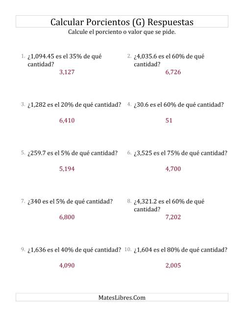 La hoja de ejercicios de Calcular la Cantidad Original (Decimales, Incrementos de 5%) (G) Página 2
