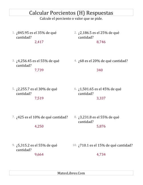 La hoja de ejercicios de Calcular la Cantidad Original (Decimales, Incrementos de 5%) (H) Página 2