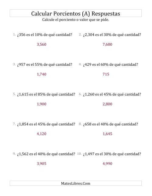 La hoja de ejercicios de Calcular la Cantidad Original (Enteros, Incrementos de 5%) (A) Página 2