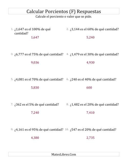 La hoja de ejercicios de Calcular la Cantidad Original (Enteros, Incrementos de 5%) (F) Página 2