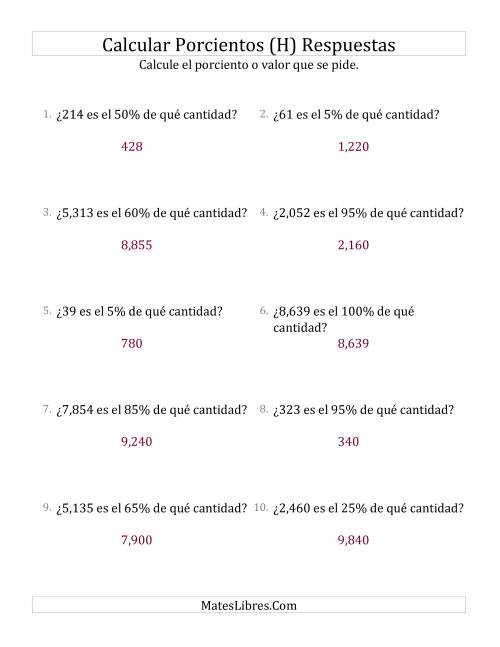 La hoja de ejercicios de Calcular la Cantidad Original (Enteros, Incrementos de 5%) (H) Página 2