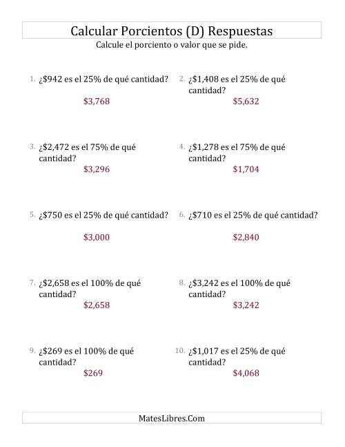 La hoja de ejercicios de Calcular la Cantidad Original de Dinero (Enteros, Incrementos de 25%) (D) Página 2