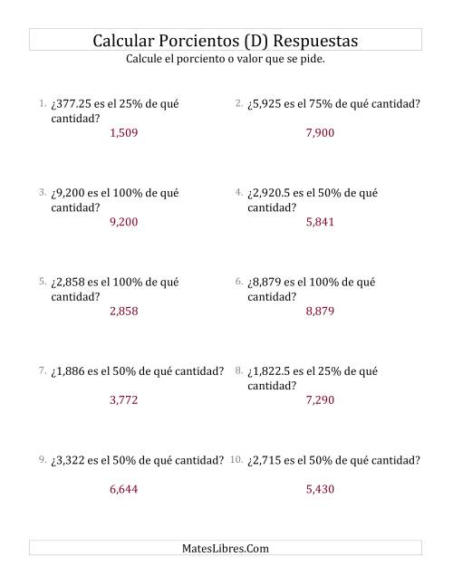 La hoja de ejercicios de Calcular la Cantidad Original (Decimales, Incrementos de 25%) (D) Página 2