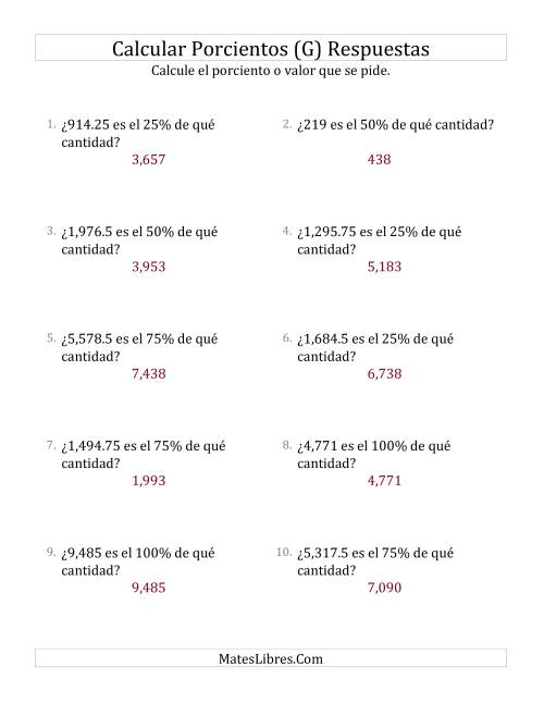La hoja de ejercicios de Calcular la Cantidad Original (Decimales, Incrementos de 25%) (G) Página 2