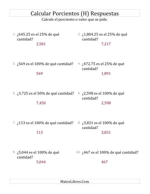 La hoja de ejercicios de Calcular la Cantidad Original (Decimales, Incrementos de 25%) (H) Página 2