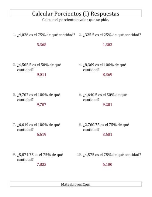 La hoja de ejercicios de Calcular la Cantidad Original (Decimales, Incrementos de 25%) (I) Página 2