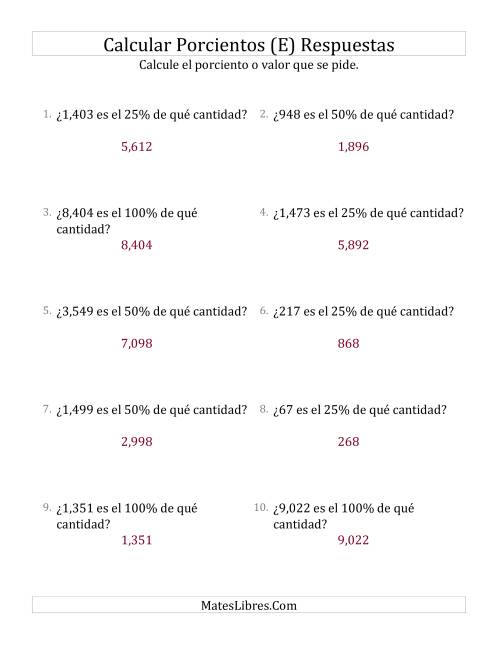 La hoja de ejercicios de Calcular la Cantidad Original (Enteros, Incrementos de 25%) (E) Página 2