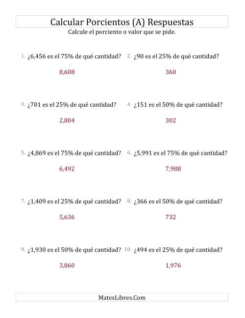 La hoja de ejercicios de Calcular la Cantidad Original (Enteros, Incrementos de 25%) (Todas) Página 2